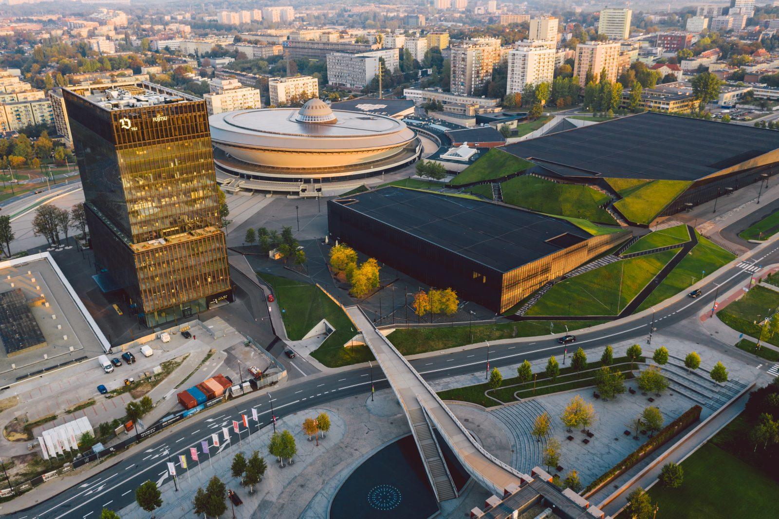 Beautiful sunrise over city center of Katowice